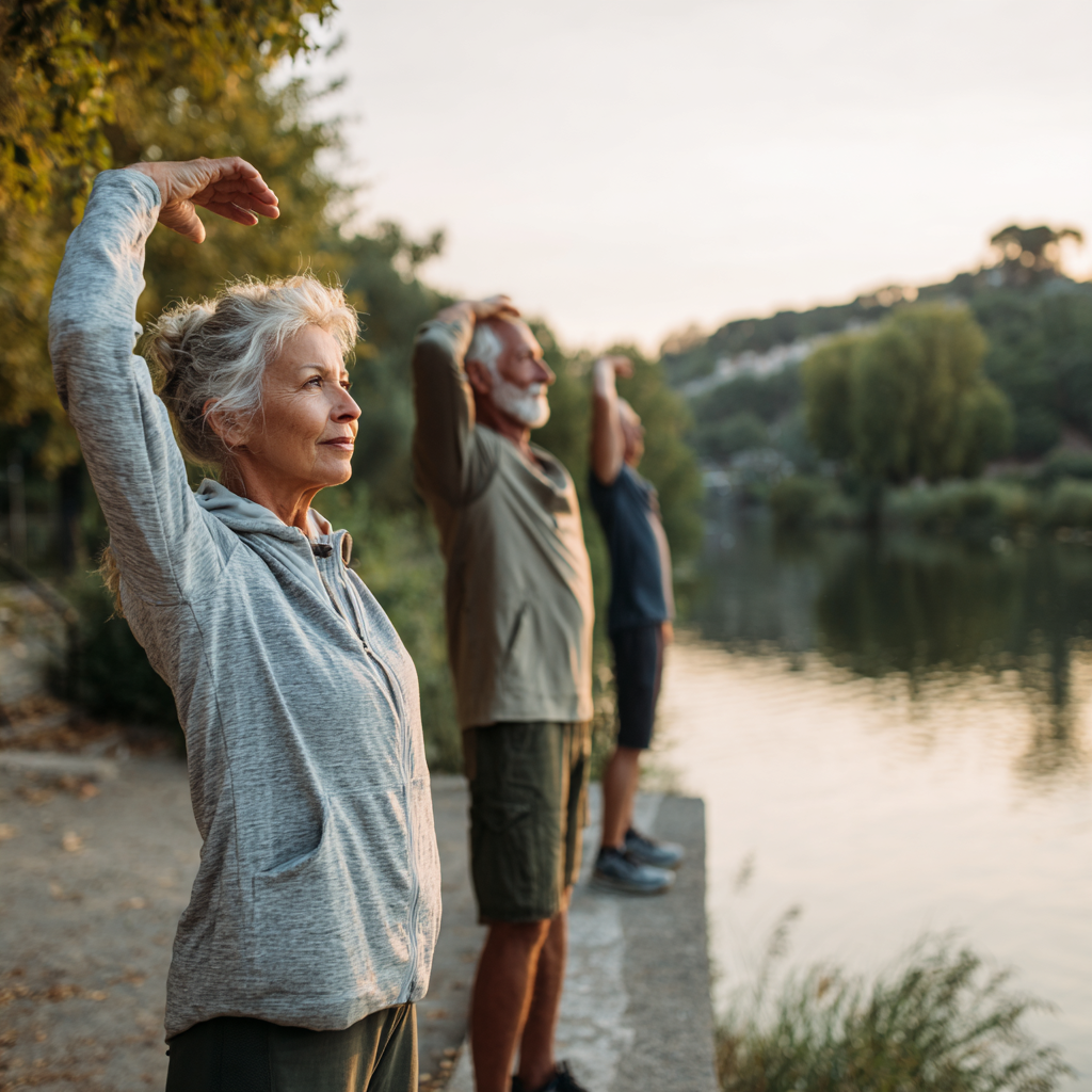 Middle-aged adults exercising in peaceful natural setting
