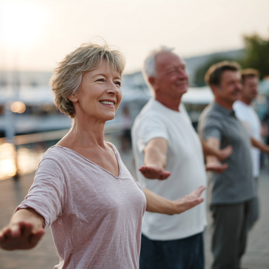 Older adults enjoying gentle exercise routine outdoors